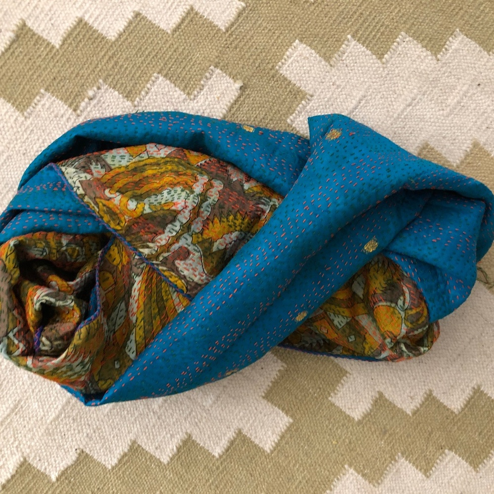 Blue, green, yellow Kantha rectangular scarf NWT